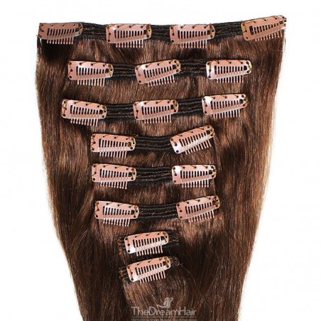 Set of 8 Pieces of Double Weft, Clip in Hair Extensions, Color #4 (Dark Brown), Made With Remy Indian Human Hair