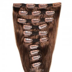 Set of 10 Pieces of Double Weft, Clip in Hair Extensions, Color #4 (Dark Brown), Made With Remy Indian Human Hair