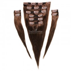 Set of 10 Pieces of Double Weft, Clip in Hair Extensions, Color #4 (Dark Brown), Made With Remy Indian Human Hair