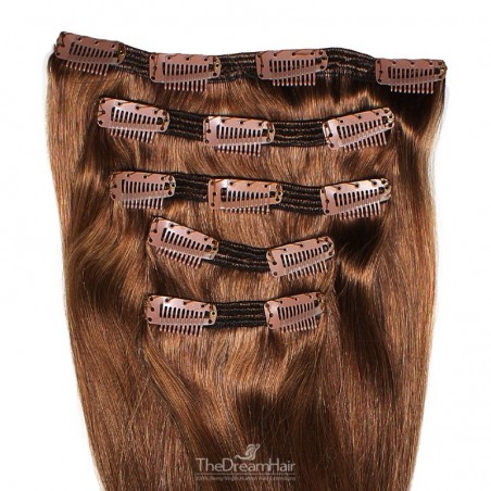 Set of 5 Pieces of Double Weft, Clip in Hair Extensions, Color #6 (Medium Brown), Made With Remy Indian Human Hair