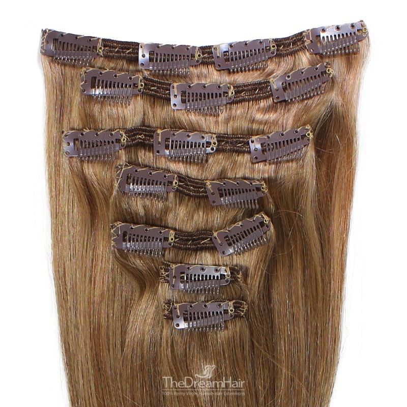Set of 7 Pieces of Double Weft, Clip in Hair Extensions, Color #8 (Chestnut Brown), Made With Remy Indian Human Hair