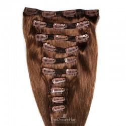 Set of 10 Pieces of Double Weft, Clip in Hair Extensions, Color #6 (Medium Brown), Made With Remy Indian Human Hair