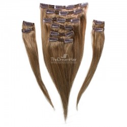 Set of 10 Pieces of Double Weft, Clip in Hair Extensions, Color #8 (Chestnut Brown), Made With Remy Indian Human Hair