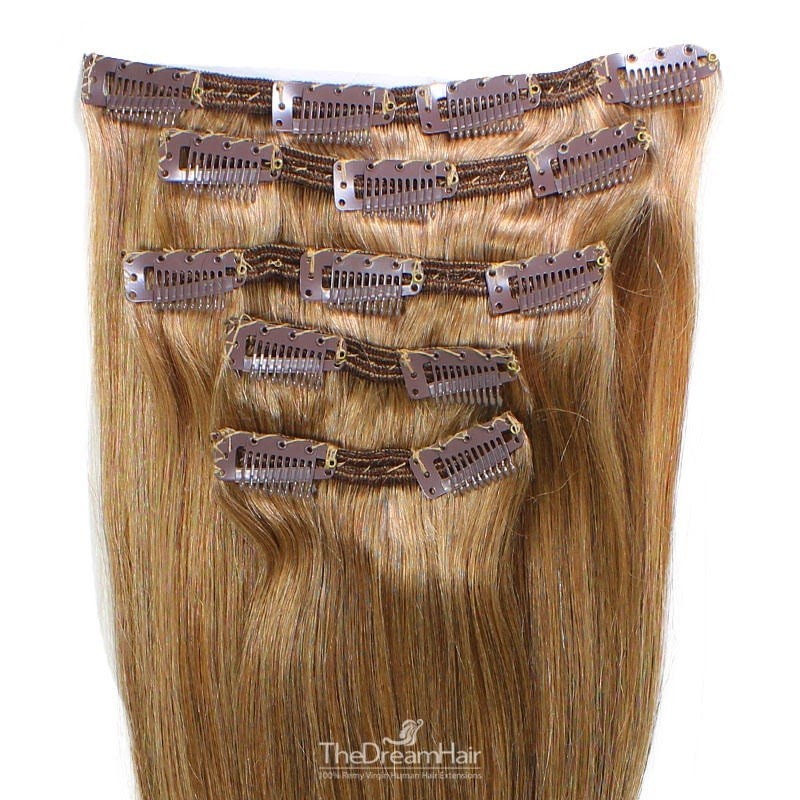 Set of 5 Pieces of Double Weft, Clip in Hair Extensions, Color #10 (Golden Brown), Made With Remy Indian Human Hair