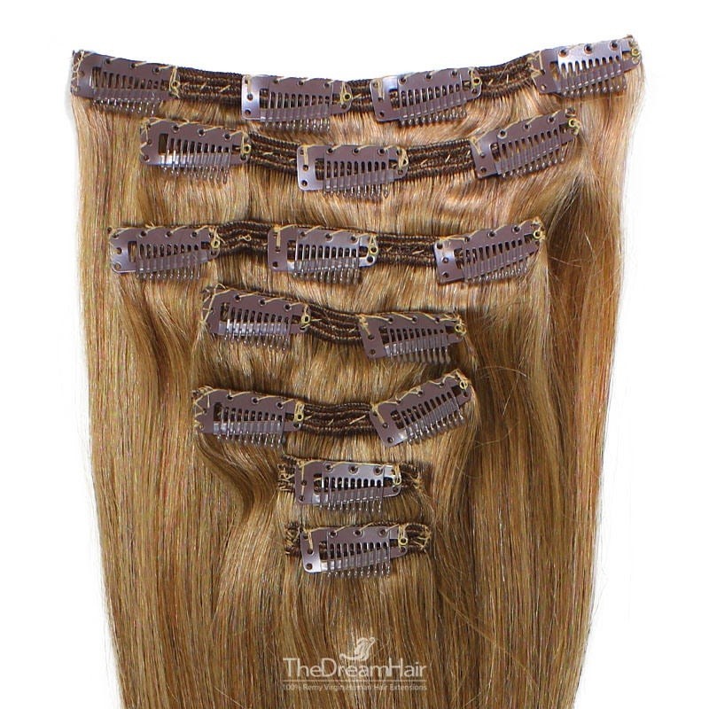 Set of 7 Pieces of Double Weft, Clip in Hair Extensions, Color #10 (Golden Brown), Made With Remy Indian Human Hair