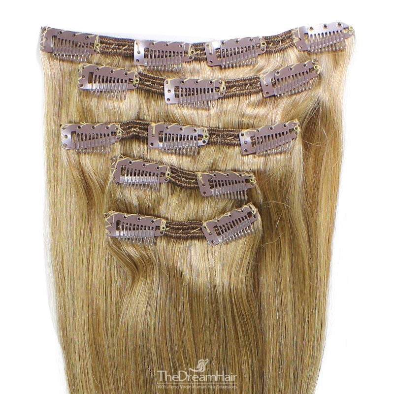 Set of 5 Pieces of Double Weft, Clip in Hair Extensions, Color #16 (Medium Ash Blonde), Made With Remy Indian Human Hair