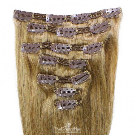 Set of 7 Pieces of Double Weft, Clip in Hair Extensions, Color #14 (Dark Ash Blonde), Made With Remy Indian Human Hair