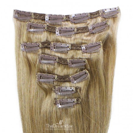 Set of 7 Pieces of Double Weft, Clip in Hair Extensions, Color #18 (Light Ash Blonde), Made With Remy Indian Human Hair