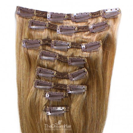 Set of 8 Pieces of Double Weft, Clip in Hair Extensions, Color #12 (Light Brown), Made With Remy Indian Human Hair