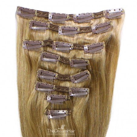 Set of 8 Pieces of Double Weft, Clip in Hair Extensions, Color #14 (Dark Ash Blonde), Made With Remy Indian Human Hair