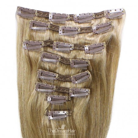 Set of 8 Pieces of Double Weft, Clip in Hair Extensions, Color #18 (Light Ash Blonde), Made With Remy Indian Human Hair