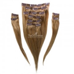 Set of 10 Pieces of Double Weft, Clip in Hair Extensions, Color #12 (Light Brown), Made With Remy Indian Human Hair