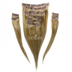 Set of 10 Pieces of Double Weft, Clip in Hair Extensions, Color #14 (Dark Ash Blonde), Made With Remy Indian Human Hair