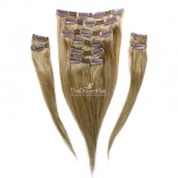 Set of 10 Pieces of Double Weft, Clip in Hair Extensions, Color #16 (Medium Ash Blonde), Made With Remy Indian Human Hair