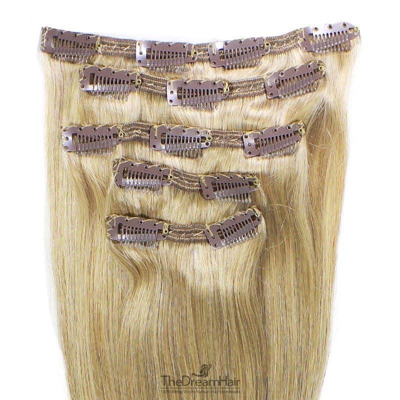 Set of 5 Pieces of Double Weft, Clip in Hair Extensions, Color #22 (Light Pale Blonde), Made With Remy Indian Human Hair