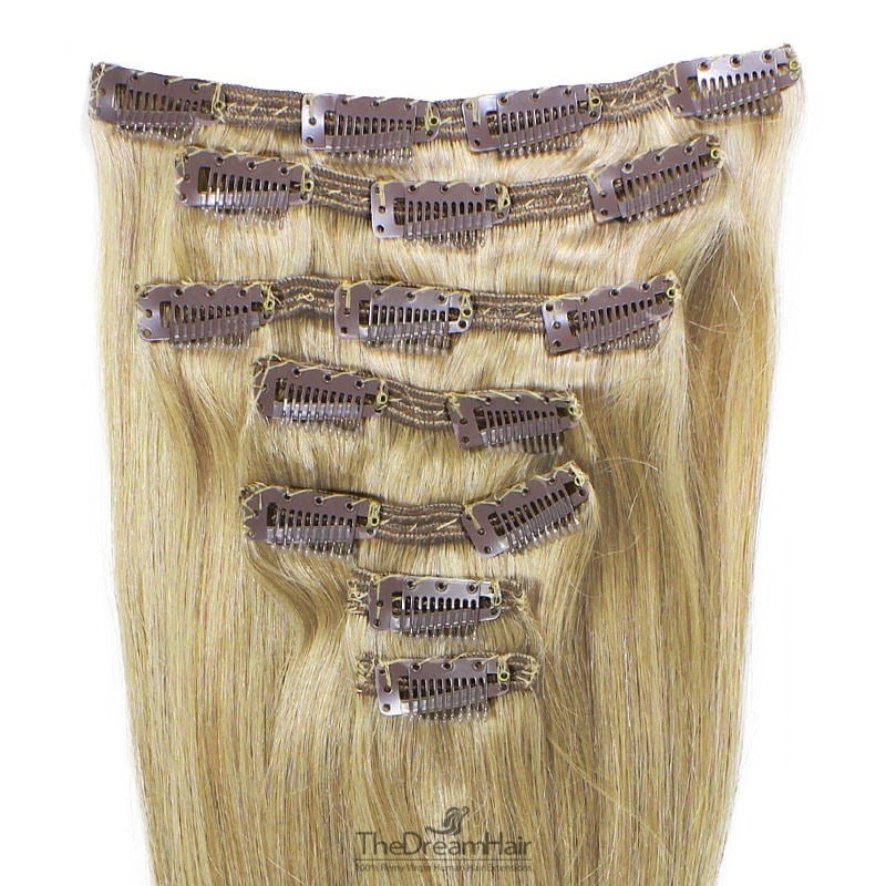Set of 7 Pieces of Double Weft, Clip in Hair Extensions, Color #22 (Light Pale Blonde), Made With Remy Indian Human Hair