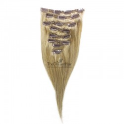 Set of 8 Pieces of Double Weft, Clip in Hair Extensions, Color #22 (Light Pale Blonde), Made With Remy Indian Human Hair
