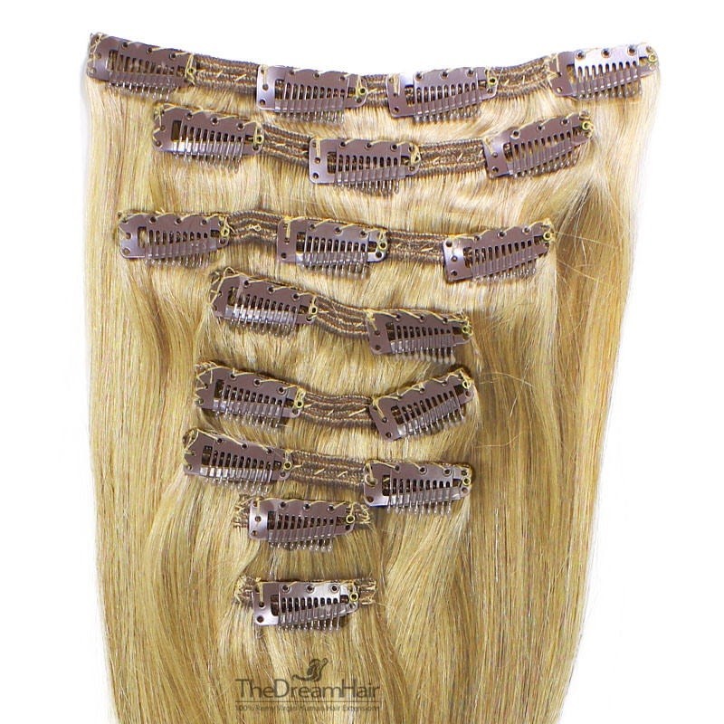 Set of 8 Pieces of Double Weft, Clip in Hair Extensions, Color #24 (Golden Blonde), Made With Remy Indian Human Hair