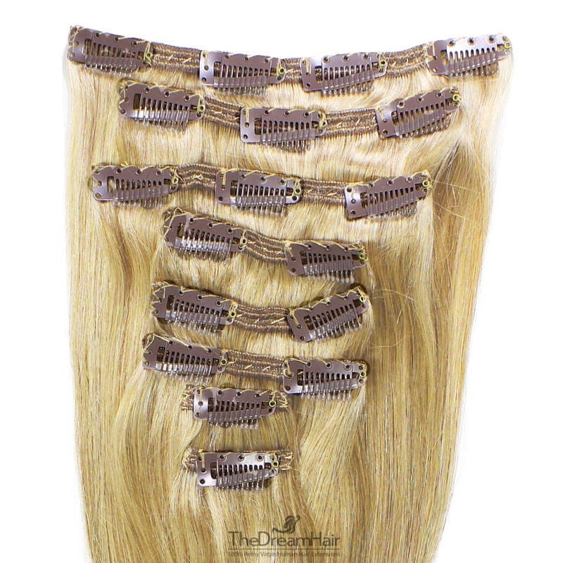 Set of 8 Pieces of Double Weft, Clip in Hair Extensions, Color #613 (Platinum Blonde), Made With Remy Indian Human Hair