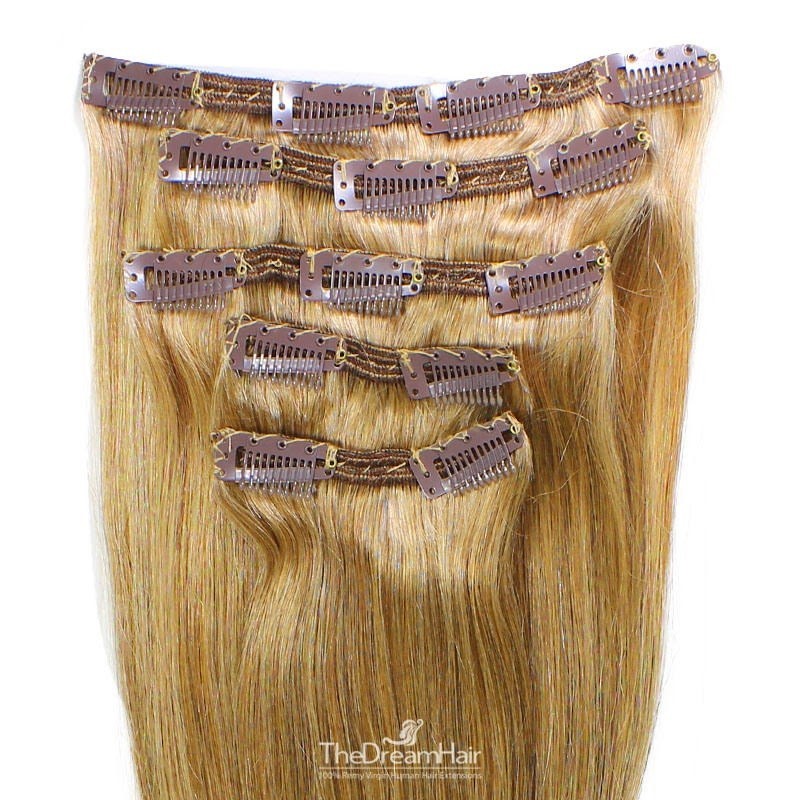 Set of 5 Pieces of Double Weft, Clip in Hair Extensions, Color #27 (Honey Blonde), Made With Remy Indian Human Hair