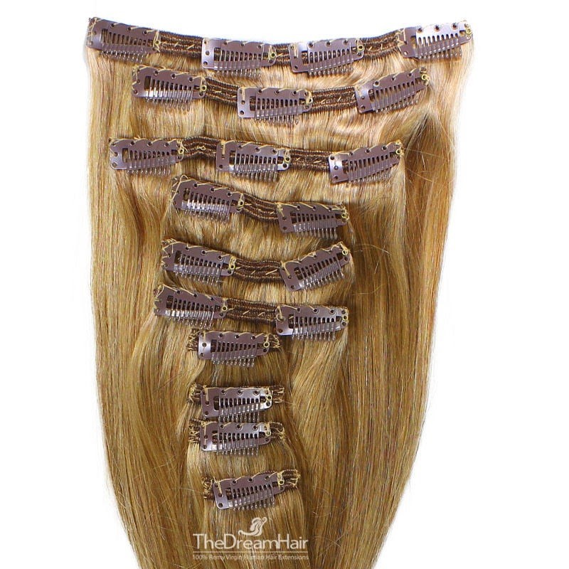 Set of 10 Pieces Double Weft Clip in Hair, Color #27 (Honey Blonde), Made With Remy Indian Human Hair