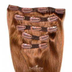 Set of 5 Pieces of Double Weft, Clip in Hair Extensions, Color #30 (Dark Auburn), Made With Remy Indian Human Hair