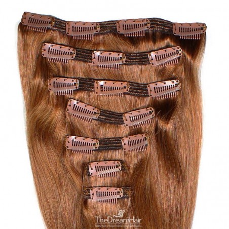 Set of 7 Pieces of Double Weft, Clip in Hair Extensions, Color #30 (Dark Auburn), Made With Remy Indian Human Hair
