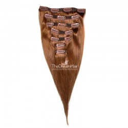 Set of 7 Pieces of Double Weft, Clip in Hair Extensions, Color #30 (Dark Auburn), Made With Remy Indian Human Hair