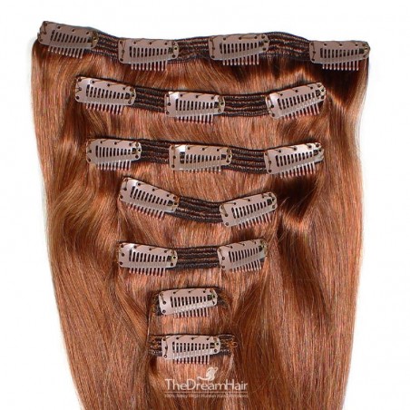 Set of 7 Pieces of Double Weft, Clip in Hair Extensions, Color #33 (Auburn), Made With Remy Indian Human Hair