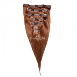 Set of 7 Pieces of Double Weft, Clip in Hair Extensions, Color #33 (Auburn), Made With Remy Indian Human Hair