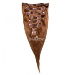 Set of 8 Pieces of Double Weft, Clip in Hair Extensions, Color #30 (Dark Auburn), Made With Remy Indian Human Hair