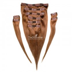Set of 10 Pieces of Double Weft, Clip in Hair Extensions, Color #30 (Dark Auburn), Made With Remy Indian Human Hair
