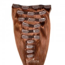 Set of 10 Pieces of Double Weft, Clip in Hair Extensions, Color #33 (Auburn), Made With Remy Indian Human Hair