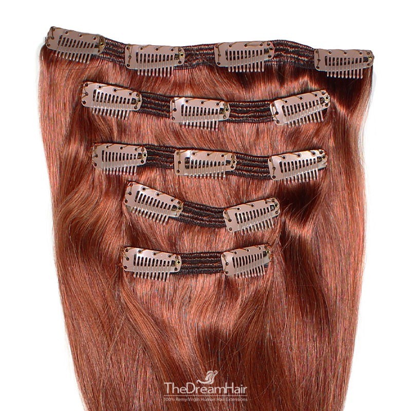 Set of 5 Pieces of Double Weft, Clip in Hair Extensions, Color #35 (Red Rust), Made With Remy Indian Human Hair