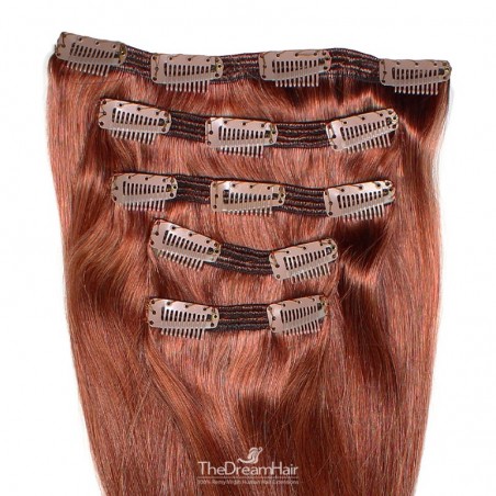 Set of 5 Pieces of Double Weft, Clip in Hair Extensions, Color #35 (Red Rust), Made With Remy Indian Human Hair