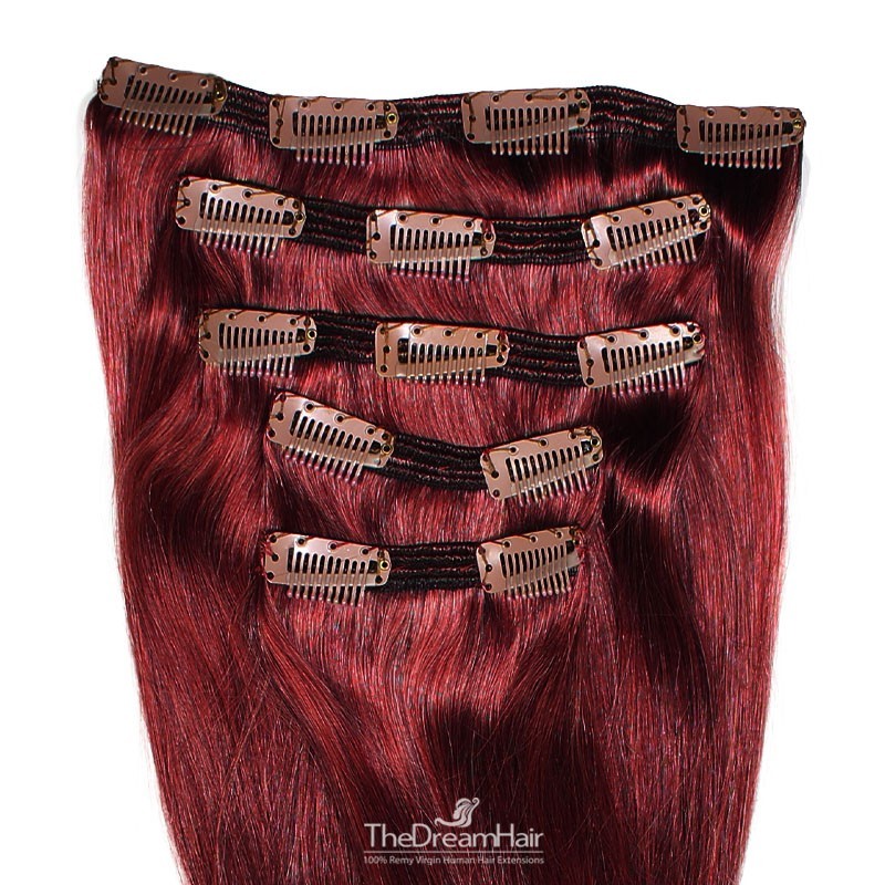 Set of 5 Pieces of Double Weft, Clip in Hair Extensions, Color #99j (Burgundy), Made With Remy Indian Human Hair