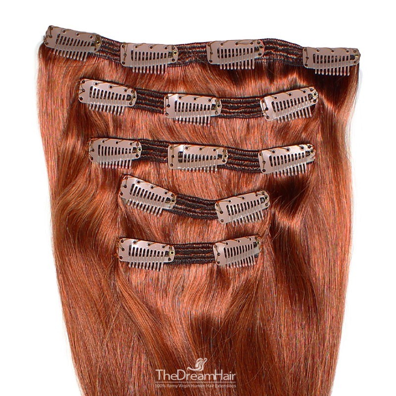 Set of 5 Pieces of Double Weft, Clip in Hair Extensions, Color #350 (Dark Copper Red), Made With Remy Indian Human Hair