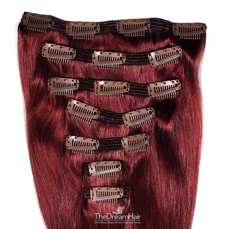 Set of 7 Pieces of Double Weft, Clip in Hair Extensions, Color #99j (Burgundy), Made With Remy Indian Human Hair