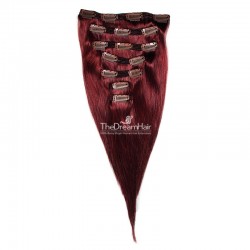 Set of 7 Pieces of Double Weft, Clip in Hair Extensions, Color #99j (Burgundy), Made With Remy Indian Human Hair