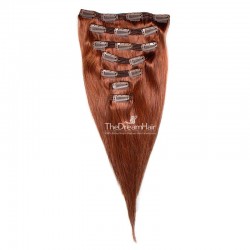 Set of 7 Pieces of Double Weft, Clip in Hair Extensions, Color #350 (Dark Copper Red), Made With Remy Indian Human Hair