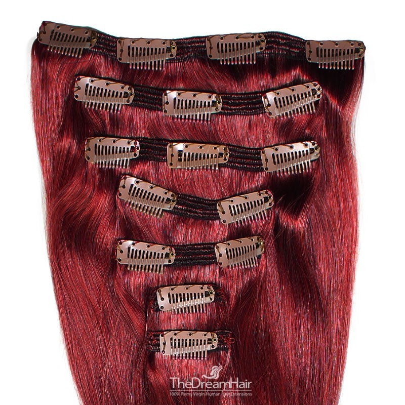Set of 7 Pieces of Double Weft, Clip in Hair Extensions, Color #530 (Red Wine), Made With Remy Indian Human Hair Set of 7 Pieces of Double Weft, Clip in Hair Extensions, Color #530 (Red Wine), Made With Remy Indian Human Hair