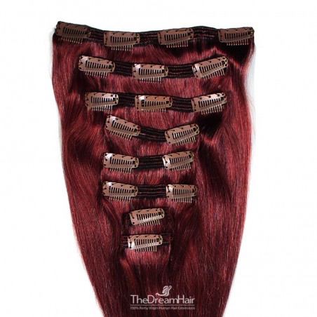 Set of 8 Pieces of Double Weft, Clip in Hair Extensions, Color #99j (Burgundy), Made With Remy Indian Human Hair