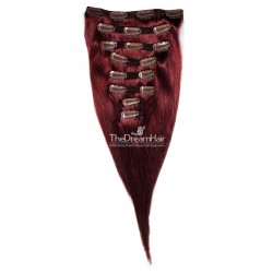 Set of 8 Pieces of Double Weft, Clip in Hair Extensions, Color #99j (Burgundy), Made With Remy Indian Human Hair