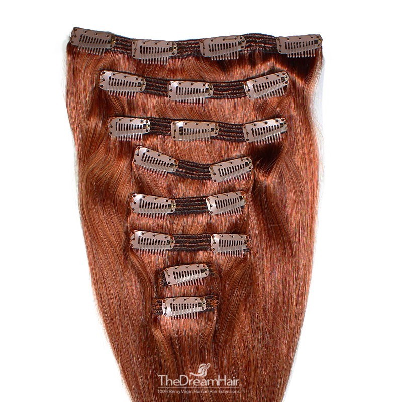 Set of 8 Pieces of Double Weft, Clip in Hair Extensions, Color #350 (Dark Copper Red), Made With Remy Indian Human Hair