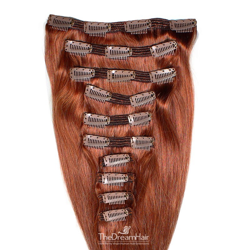 Set of 10 Pieces of Double Weft, Clip in Hair Extensions, Color #350 (Dark Copper Red), Made With Remy Indian Human Hair