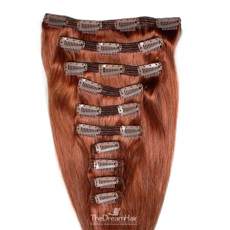 Set of 10 Pieces of Double Weft, Clip in Hair Extensions, Color #350 (Dark Copper Red), Made With Remy Indian Human Hair