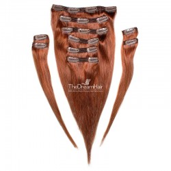 Set of 10 Pieces of Double Weft, Clip in Hair Extensions, Color #350 (Dark Copper Red), Made With Remy Indian Human Hair