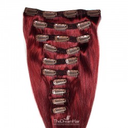 Set of 10 Pieces Double Weft Clip in Hair Extensions, Color #530 (Red Wine), Made With Remy Indian Human Hair