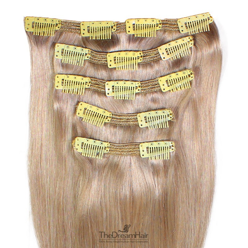Set of 5 Pieces of Double Weft, Clip in Hair Extensions, Color Grey, Made With Remy Indian Human Hair