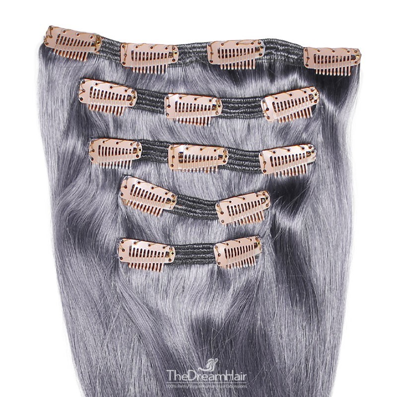 Set of 5 Pieces of Double Weft, Clip in Hair Extensions, Color Silver, Made With Remy Indian Human Hair